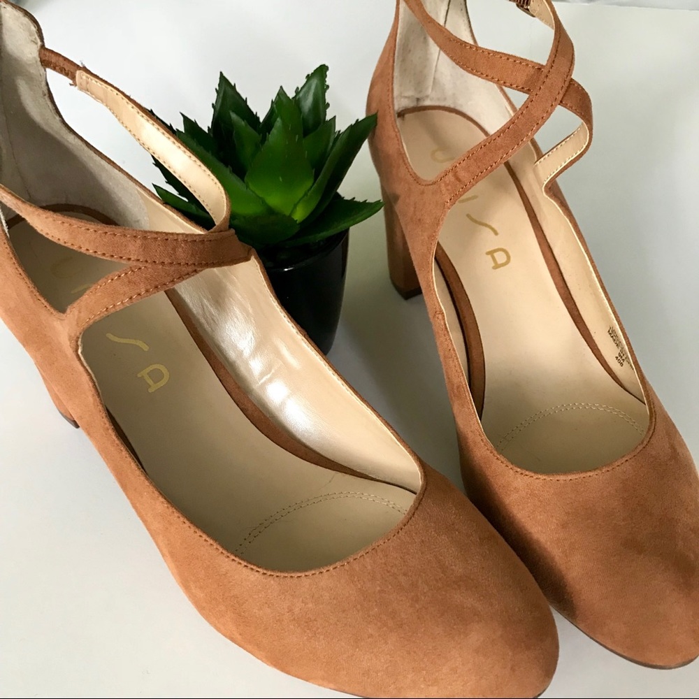 Unisa Faux Suede Camel Cross Ankle Chunky Heels 9